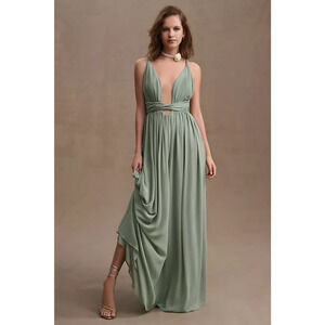 $568 Ronny Kobo Anthropologie Green Chiffon Adi Plunge V-Neck Gown 14 NEW